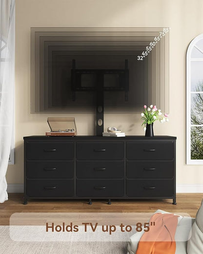 TV Stand with Mount for 32/55/65/75/85 inch TVs, Entertainment Center with 9 Fabric Drawers Dresser Storage, Height Adjustable Media Console