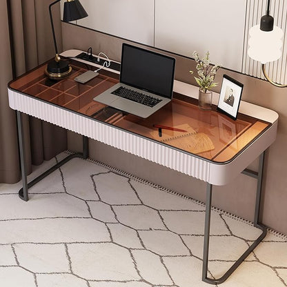 Lartis Office Desk with Drawers for Home Working Studying Computer Desk with Built-in Outlet Writing Desk Dressing Table Vanity Table no Mirror Intelligent Socket with USB Port