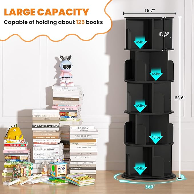 Rotating Bookshelf Tower, 5 Tier Spinning Bookcase, Revolving 360 Book Shelf Narrow Tall Bookcase, Vertical Turning Round Bookshelf Organizer, Wood Corner Book Shelf for Small Space, Black