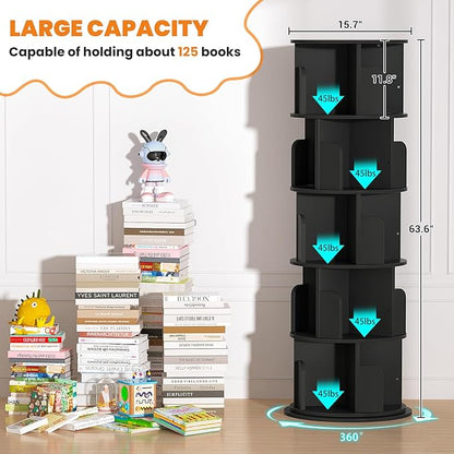 Rotating Bookshelf Tower, 5 Tier Spinning Bookcase, Revolving 360 Book Shelf Narrow Tall Bookcase, Vertical Turning Round Bookshelf Organizer, Wood Corner Book Shelf for Small Space, Black