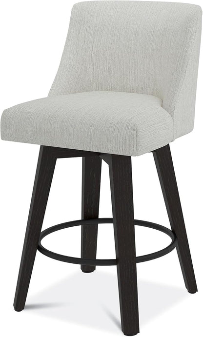 Counter Height Swivel Bar Stools Set of 2, 26" Seat Height Modern Bar Stools with Back and Solid Wood Legs for Kitchen Island, Fabric in Ivory White