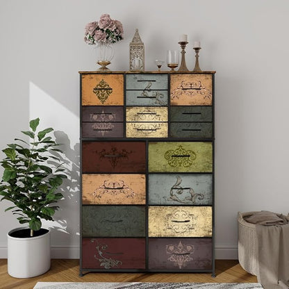 Dresser for Bedroom with 18 Drawers, Tall Fabric Storage Dresser, Chest of Drawers for Closet, Nursery, Bedside, Living Room, Laundry, Entryway, Hallway (Pattern)