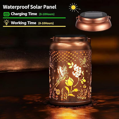 2 Pack Solar Lanterns Outdoor Waterproof, Butterfly Rose Garden Decor Birthday Gifts for Women Mom Grandma Hanging Solar Lights Metal Solar Decoration Outside for Yard, Patio, Lawn