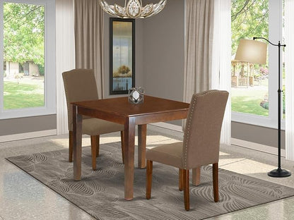 East West Furniture OXEN3-MAH-18 3 Piece Dining Room Table Set Contains a Square Wooden Table and 2 Dark Coffee Linen Fabric Upholstered Parson Chairs, 36x36 Inch, Mahogany