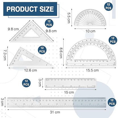 Tenare 72 Pcs Plastic Clear Math Set Includes Protractor Triangle Rulers 12 Inch 6 Inch Straight Geometry Math Transparent Ruler Measuring Tool for Office Home Supplies