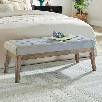 24KF Velvet Upholstered Buttons Tufted Entryway Bench with Solid Wood Leg,Bed Bench Ottoman with Padded Seat,5034-Gray
