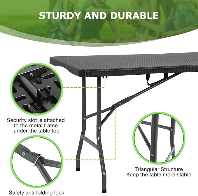 BestOffice Outdoor Folding Camping Table Plastic Table Portable Square Height Dining Table Perfect for Picnics,Parties,Party and Camping,Black Ratten
