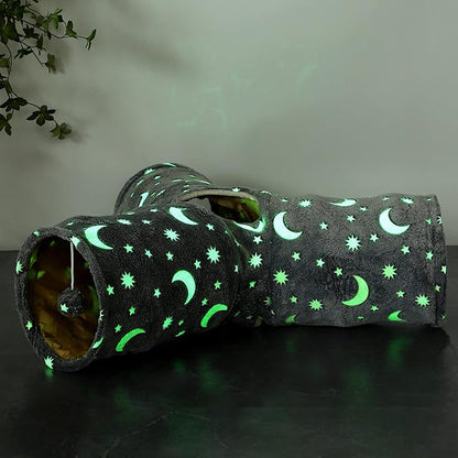LUCKITTY Cat Tube Tunnel with Plush Ball Toys Collapsible Self-Luminous, for Cat Small Pets Bunny Rabbits, Kittens, Ferrets,Puppy and Dogs Grey Moon Star 3 Way