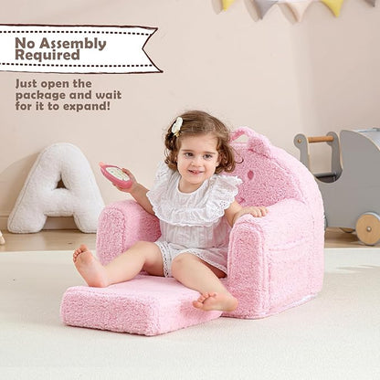Toddler Chair,Sherpa Bear Kids Chair,Toddler Couch Fold Out,Children Reading Chair,Flip Out Kids Couch,Toddler Sofa Convertible for Age 1-3(Pink Bear)