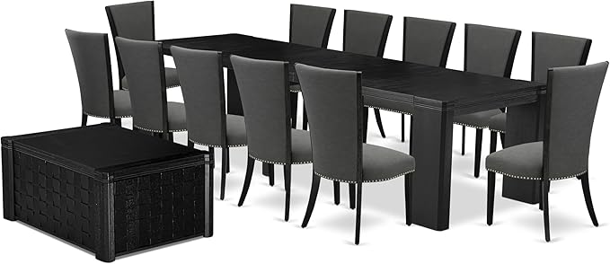 X12VE-0C6-50 - 14-Pc Dining Room Set a Rectangular Dining Table with a coffee Table and 12 Dark Gotham Grey Linen Fabric kitchen Chair, 39x120 Inch, Wire Brushed Black