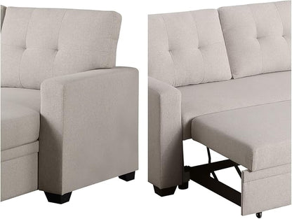 L-Shape Sofa Bed, 82" Sectional Couch with Storage Chaise, Pull Out Sleeper Sofa with Removable Back Cushions, Convertible Corner Couch for Living Room Apartment, Beige