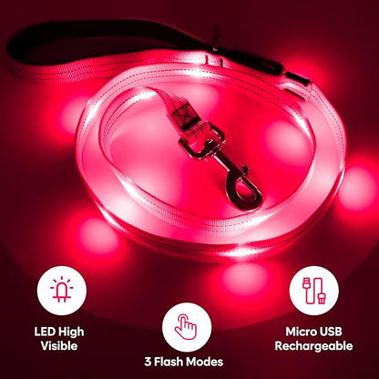4 Ft Led Dog Leash, Rechargeable Light Up Dog Leash Waterproof, Safety Glow in The Dark Dog Leash for Night Walking, Nylon Reflective Leashes with Padded Handle for Small Medium Large Pets