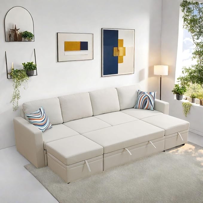 102 Inch L Shaped Sectional Couch with Pull Out Bed, 6-Seat Sleeper Sofa with Storage Ottoman, Convertible Sofa Bed for Living Room, Apartment, Off White