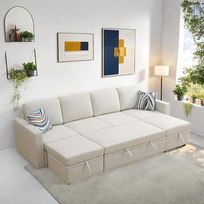 102 Inch L Shaped Sectional Couch with Pull Out Bed, 6-Seat Sleeper Sofa with Storage Ottoman, Convertible Sofa Bed for Living Room, Apartment, Off White