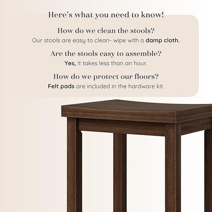 Grain & Grove Smith Collection Solid Wood Bar Stool, 30 inch Saddle-Seat Bar Chair, Backless, Heavy-Duty Construction, Footrest Support, Ideal for Kitchen Islands, Home Bars, and Counters, Walnut