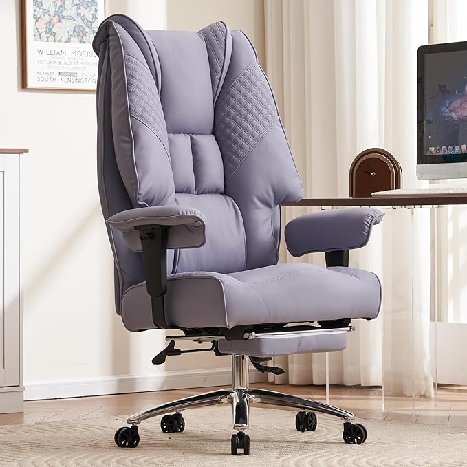Big and Tall Office Chair 400lbs Wide Seat, Leather High Back Executive Office Chair with Foot Rest, Ergonomic Chairs Lumbar Support for Lower Back Pain Relief (Light Purple)