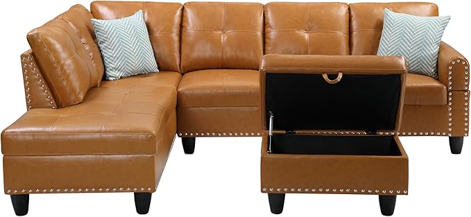 Ball & Cast 98" L Shaped Sectional Couch for Living Room with Chaise&Storage Ottoman,4 Seat Faux Leather Upholstered Modular Sectional Sofa Set 3 PCS W/Cup Holders&Coffee Table,for Home,Office,Ginger