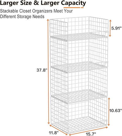 4 Tier Stackable Closet Organizers and Storage Shelves, Foldable Closet Shelf Organizer System, Stackable Storage Bins Drawers for Clothes Organizer System, White(Patent Pending)