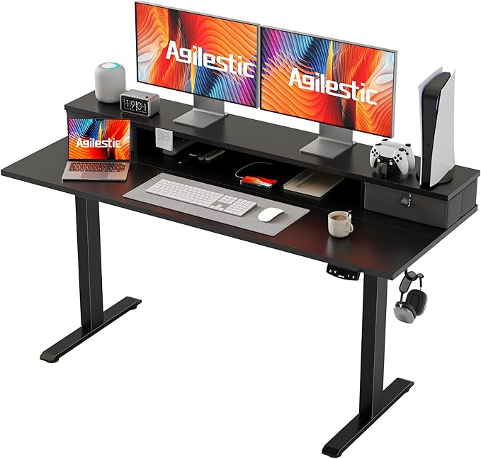 Agilestic 53x 24 Inches Height Adjustable Electric Standing Desk with 2 Drawers, Stand Up Electric Desk Adjustable Height, Sit Stand Computer Gaming Table with Splice Board, Black