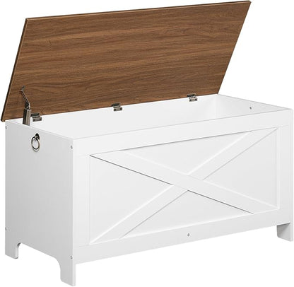 39.4" Toy Chest, Sturdy Entryway Storage Chest with Safety Hinges, Retro Toy Box, Wooden Look Accent Furniture for Living Room, Bedroom, White+Walnut SCBZ48101