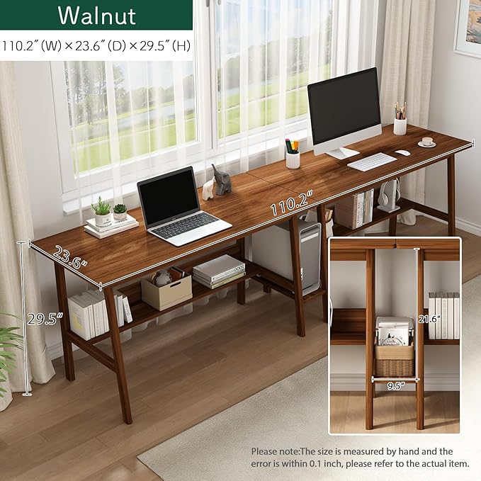 2-Person Writing Desk with Bookshelf - 110" Wooden Extra Long Home Office Work Table, Double Study Computer Workstation with Storage Shelves in Walnut, 110" W x 24" D