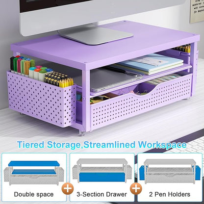 gianotter Wood Monitor Stand Riser, Desk Organizer with Drawer and 2 Pen Holders, 2-Tier Workspace Organizer for Office Supplies (Purple Wood)
