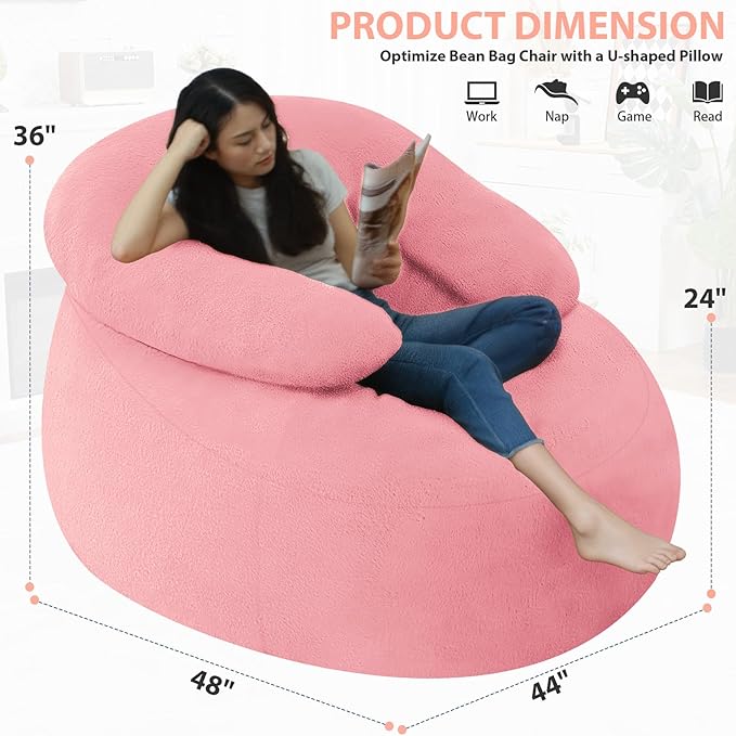 HABUTWAY Bean Bag Chair with U-shaped Pillow for Adult and Kids Big BeanBag Chair with Filling Ultra Soft Faux Fur Couch Chair with Washable Cover for Living Room Bedroom Office, Light Pink&Light Pink