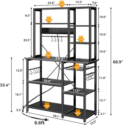 SUPERJARE Large Bakers Rack with Power Outlets, 6-Tier Microwave Stand, Coffee Bar with 12 S-Shaped Hooks, Kitchen Shelf with Wire Basket, 39.3 x 15.5 x 66.9 Inches, Black