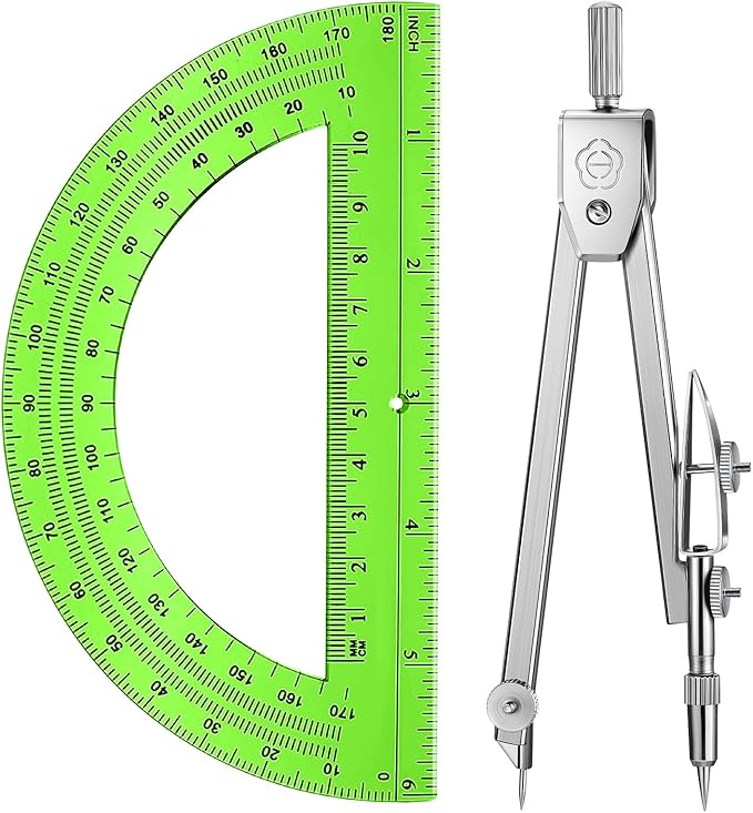 EBOOT Student Geometry Math Set, Drawing Compass and 6 Inch Swing Arm Protractor 180 Degree Math Protractor(Green)