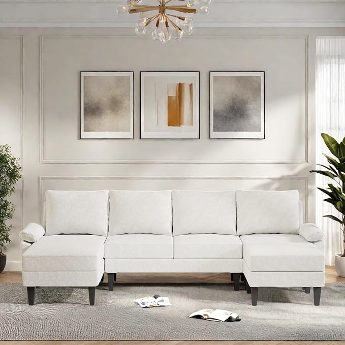 115 Inch U Shaped Sectional Couch with Chaise, 5-Seat Sofa with Moveable Ottoman, Modern Modular Sofa for Living Room, Apartment, Off-White