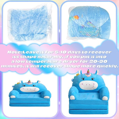 Unicorn Kids Couch Fold Out 2-in-1 Toddler Sofa Fold Out with Blanket, Soft Toddler Chair Comfy for Boys Girls Baby, Convertible Sofa to Lounger for Napping Reading Playing Christmas, Blue