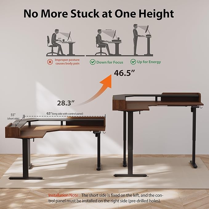 Agilestic L Shaped Standing Desk, Adjustable Height Corner Gaming Desk with Shelf, Sit Stand Up Desk, 63 x 55 Inch Home Office Computer Table, Dark Walnut