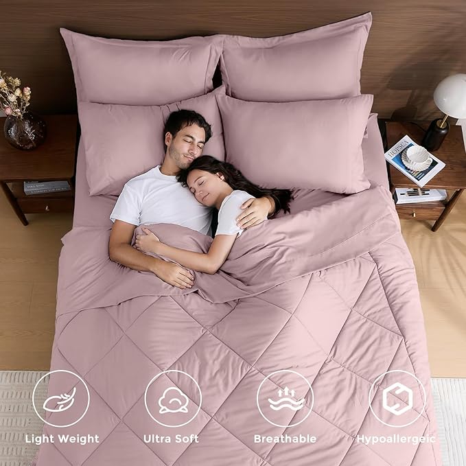 HEVUMYI Rose Gold Twin-XL Comforter Set - 5-Piece All Season Bed in a Bag Twin-XL, Ultra Soft Bedding Set with Comforter, Flat Sheet, Fitted Sheet, Pillowcases, Pillow Shams