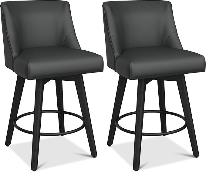 Counter Height Bar Stool, Modern Swivel Barstools with Back and Wood Leg, Faux Leather Upholstered Counter Height Stool, 26" H Kitchen Counter Stool, Kitchen Island Home Bar, Black Grey