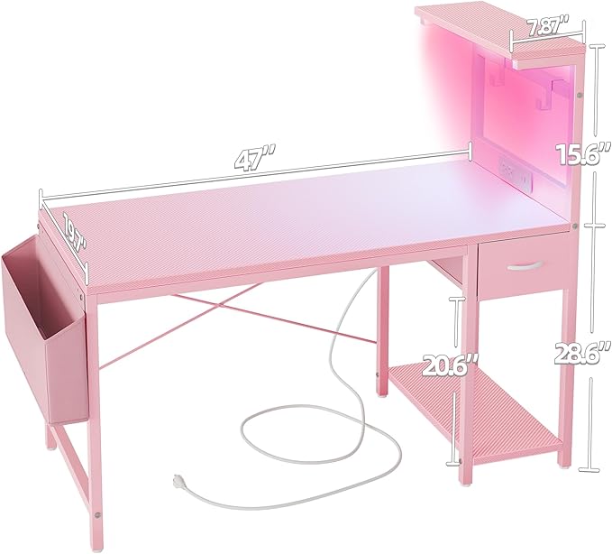 TIQLAB Gaming Desk 47 inch with Power Outlet and LED Light, Computer Desk with Reversible Shelves and Storage Drawer, Small PC Desk for Home Office Table with Bag, Carbon Fiber Pink