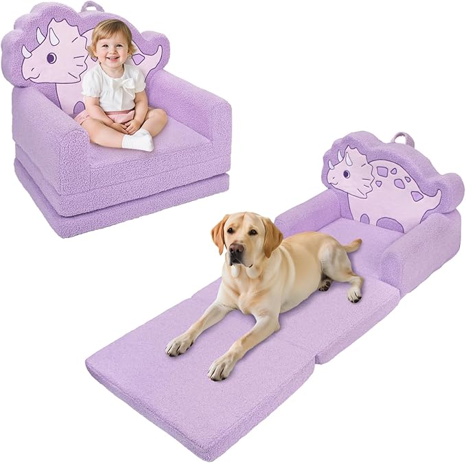 TinyPalsa Kids Couch, Convertible Sofa to Lounger Fold Out, Purple Dinosaur Design Chair for Toddlers 1-3, Gift for Movie Night, Camping, and Napping
