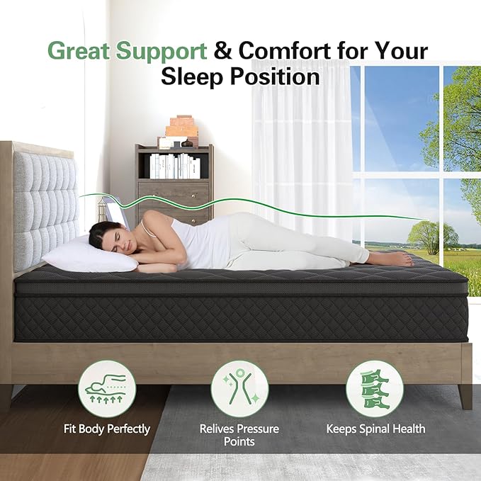 Full Hybrid Mattress, 14 Inch Medium Mattresses Euro Top for Back & Lumbar Support, 100 Night Trial, Individual Pocket Spring Bed for Motion Isolation & Pressure Relief Black