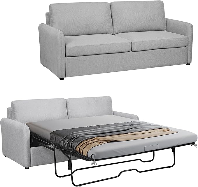 Queen Size Pull Out Sofa Bed, 2 in 1 Convertible Sleeper Sofa Couch with Pullout Bed, Memory Foam Mattress for Living Room Office, Space-Saving, Light Grey