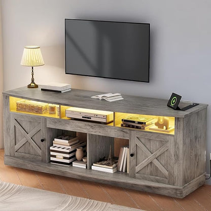 YITAHOME TV Stand for 75/80 Inch TV, Light Rustic Grey Entertainment Center 70 Inches Wide, Media Furniture TV Table with with Power Outlet, TV Consoles for Living Room, Curved Desktop