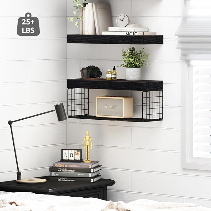 QEEIG Bathroom Shelves Over Toilet - Wall Mounted Floating Shelves Toilet Paper Storage Small Farmhouse Decor Shelf 16 inch Set of 2, Black (019-B2)