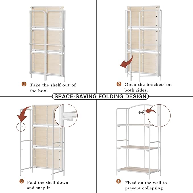 Crofy No Assembly Folding Bookshelf for Living Room, 3 Tier White Collapsible Book Shelf for Home Office, Portable Bookcase Storage Organizer