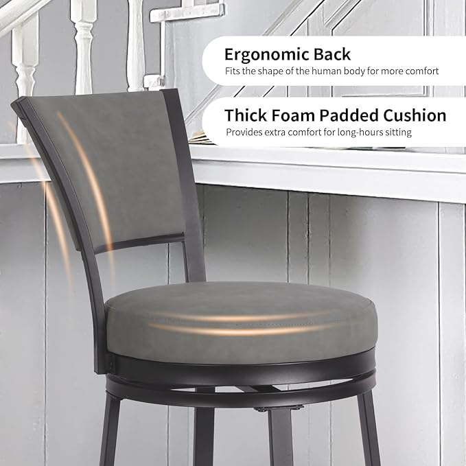 Bar Stools Set of 2, 25 Inch Metal Counter Height Bar Chairs, Modern Faux Leather 360° Round Swivel Barstools with Back, Counter Stools for Kitchen Island, Pub, Grey