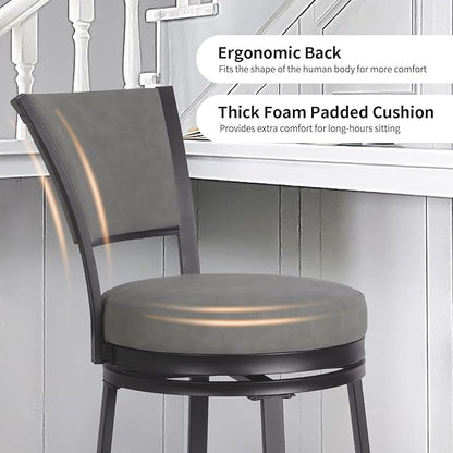 Bar Stools Set of 2, 25 Inch Metal Counter Height Bar Chairs, Modern Faux Leather 360° Round Swivel Barstools with Back, Counter Stools for Kitchen Island, Pub, Grey