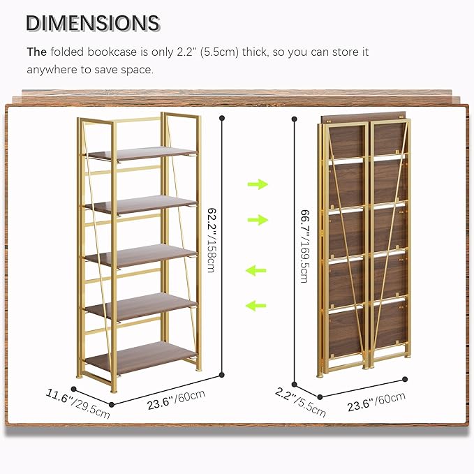 4NM No Assembly Folding Bookshelf, 5-Shelf 62.2" H Collapsible Foldable Bookcase Storage for Small Spaces, Brown and Golden