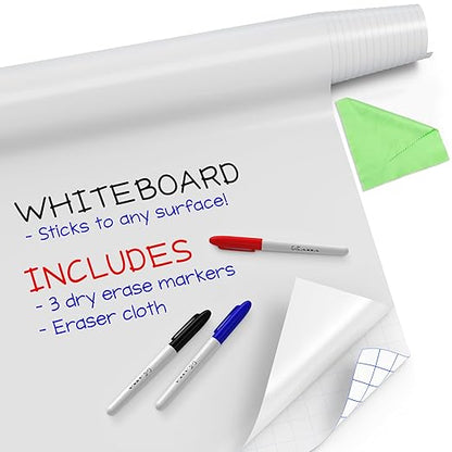 Kassa Reusable & Removable White Board Wallpaper | 1.4ft x 8ft Self Adhesive Dry Erase Contact Paper | 3 Markers & Eraser Cloth Included | for Home, Office, School & Kids Art & Decoration