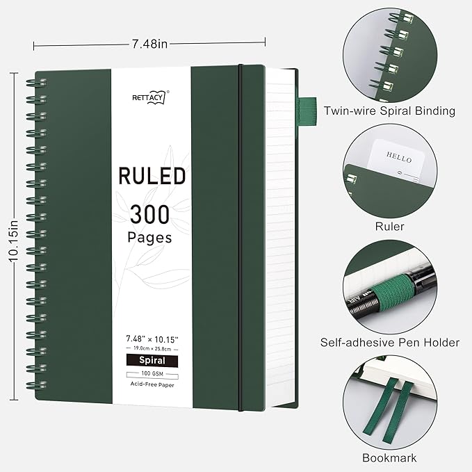 RETTACY Spiral College Ruled Notebook, 300 Pages, B5 Medium Size (7.4" x 10"), for School, Work, Writing, Journaling, 100 GSM Thick Paper, Flexible Plastic Cover (Deep Green)