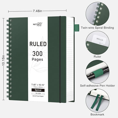 RETTACY Spiral College Ruled Notebook, 300 Pages, B5 Medium Size (7.4" x 10"), for School, Work, Writing, Journaling, 100 GSM Thick Paper, Flexible Plastic Cover (Deep Green)