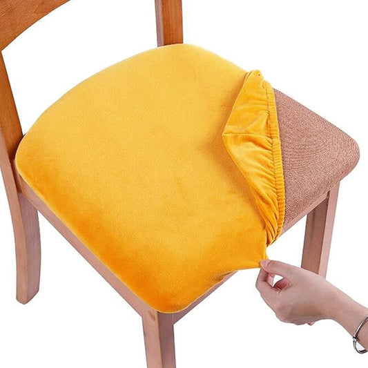 Smiry Velvet Seat Covers for Dining Room Chair Set of 4, Stretch Fit Removable Washable Chair Seat Cushion Protector Slipcovers with Ties, Mustard Yellow