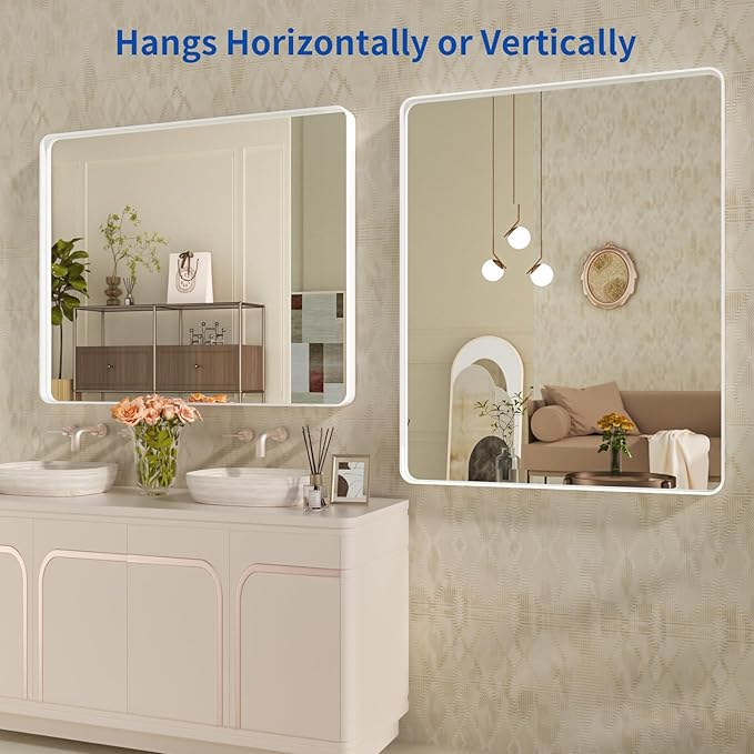 WEER White Bathroom Mirror 40X32 Inch, Rounded Rectangle White Metal Frame Mirror, Matte White Bathroom Vanity Mirror with Tempered Glass, Anti-Rust, Hangs Horizontally or Vertically