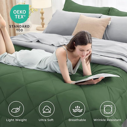 HEVUMYI Twin-XL Comforter Set - 5-Piece All Season Bed in a Bag Twin-XL, Ultra Soft Bedding Set with Comforter, Flat Sheet, Fitted Sheet, Pillowcases, Pillow Shams, Green & Light Grey
